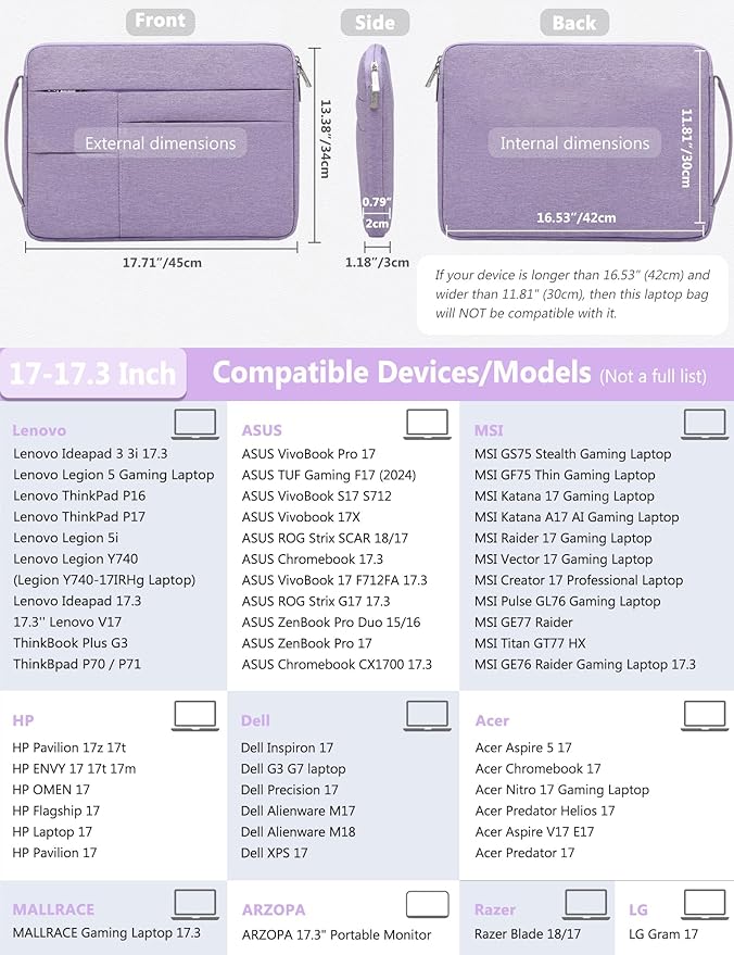 HYZUO 17-17.3 Inch Laptop Sleeve Bag Briefcase for 17" 17.3" HP/Dell/Lenovo/ASUS/LG/MSI Gaming Laptop/Razer Blade 17/18, Men Women NoteBook Protective Case Bag, Lilac Purple