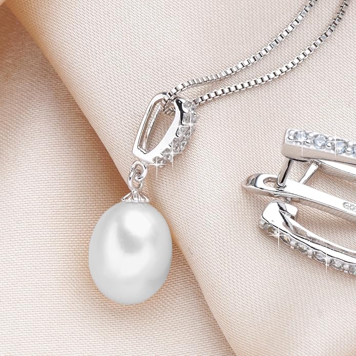 Pearl Jewelry Set For Women with Cubic Zirconia Freshwater Pearl Pendant Necklace & Earrings 925 Sterling Silver for Wedding Prom Gift