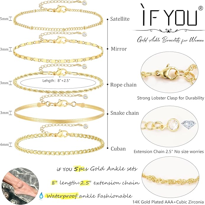 iF YOU Gold Ankle Bracelets for Women, 14k Gold Plated Waterproof Cuban Link Chain Anklets Set, Layered Anklet Bracelets for Women Beach Gift Adjustable Size 5pc
