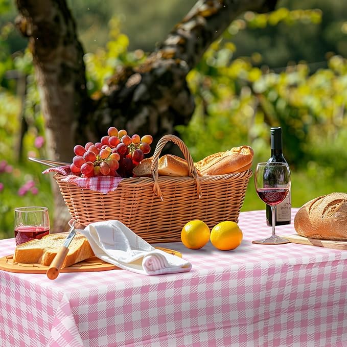 3 Pack Pink Gingham Tablecloths, 54 X 108Inch Disposable Party Table Covers Scalloped Pink Checkered Table Cloth Waterproof Pink White Tablecloth for Picnic Birthday Barbecue Tea Party Wedding