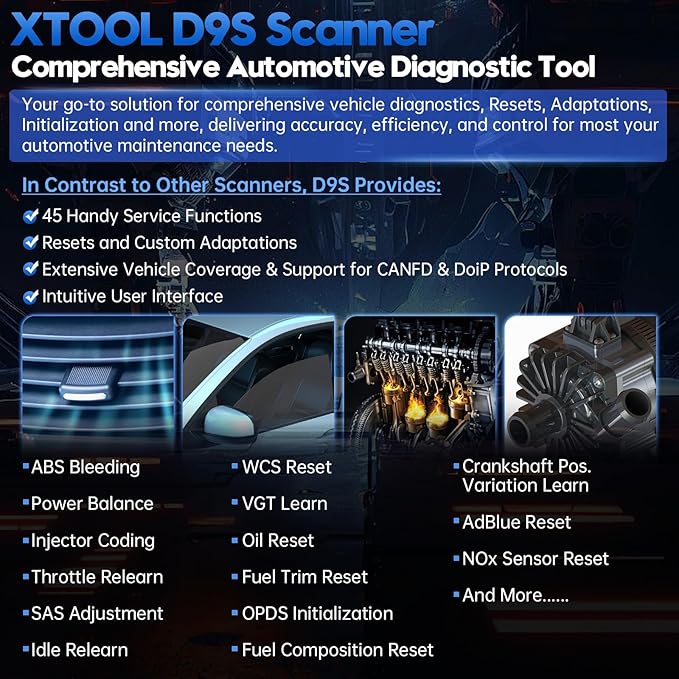 XTOOL D9S Automotive Diagnostic Tool, Wireless OBD2 Scanner with ECU Coding, Topology, Bidirectional Scan Tool 2.0 with FCA, 45+ Resets, Full System, PMI, CAN FD/DoIP, 3-Yr Update