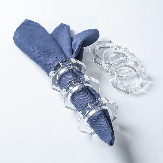 Acrylic Napkin Rings Set of 12 - Octagon Transparent Design for Christmas, Thanksgiving, Holiday Table Decor - Durable Crystal Napkin Holders for Dinner Parties & Everyday Use (Opaque)- CLEENTABLE