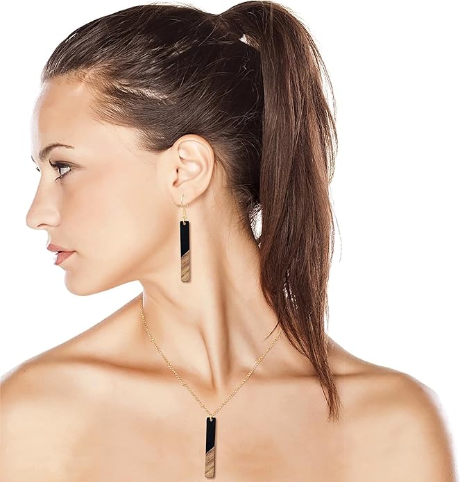 Bar Necklace Earrings for Women 16K Gold Plated Trendy Geometric Jewelry Set Boho Lightweight Wooden Resin Bar Pendant Necklace Dangle Earring Set,Gift for Her,Mom,Wife