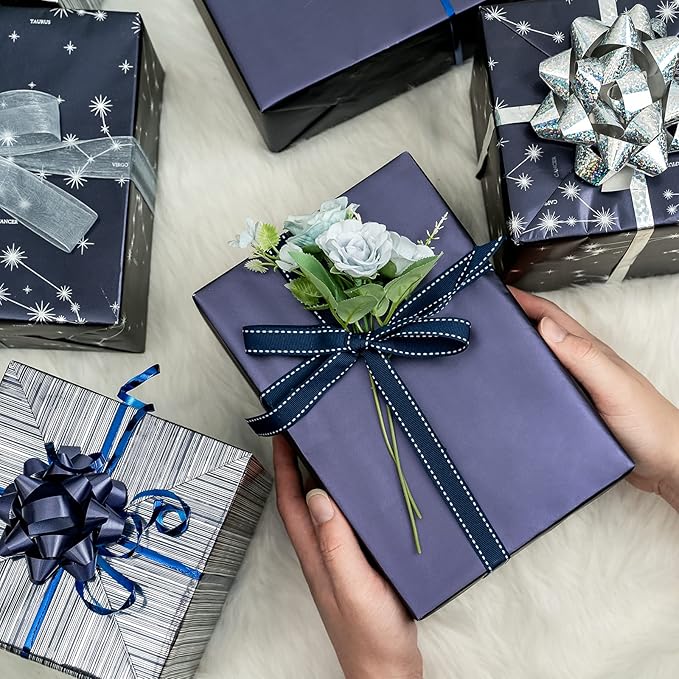 WRAPAHOLIC 30 Inch Navy Blue Wrapping Paper - Jumbo Roll Navy and Silver Constellation Wrapping Paper for Men, Birthday, Holiday, Father's Day, Baby Shower - 3 Rolls - 30 Inch x 120 Inch Per Roll