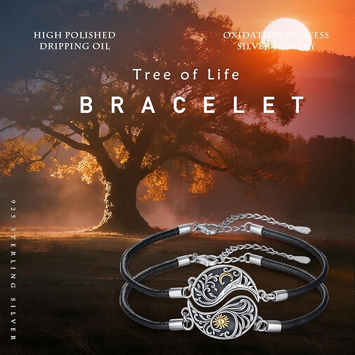 Yin Yang Bracelet 925 Sterling Silver Couple Friendship Bracelets Tree of Life/Sun Moon/Mountain/Lotus Abalone Jewelry for Women Men Couples, Leather Cord 7+2 in