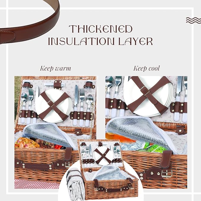 Picnic Baskets Wicker Willow Picnic Set for 4 Persons with Insulated Cooler Bag and Waterproof Picnic Blanket
