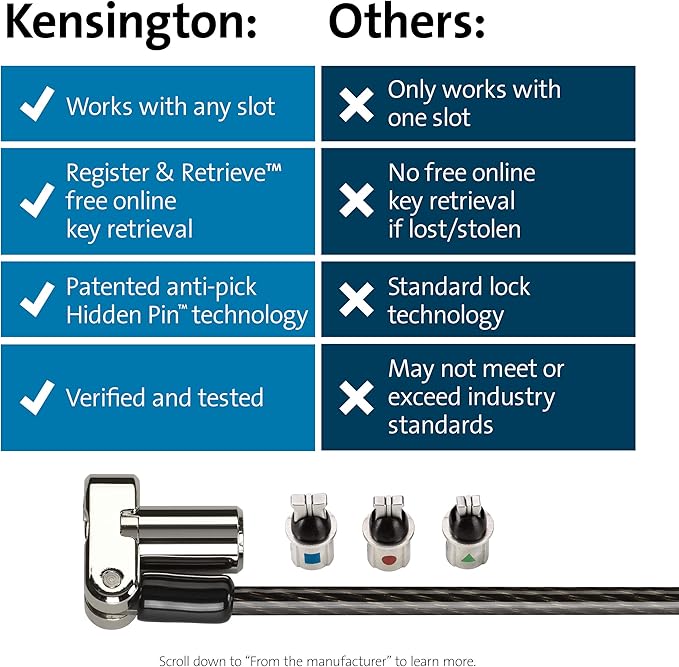 Kensington Universal 3-in-1 Keyed Laptop Locking Cable, Computer Security Keyed Lock, T-bar, Nano, Wedged-shaped (K62318WW)