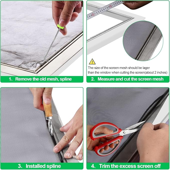 4 in 1 Window Screen Repair Tool Kit,Including 32Ft Spline(Diameter 0.137IN),Steel Roller Tool with Bearing,Spline Removal Hook and High Quality Scissors,for Installing Door and Window Mesh Screens.