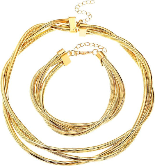 YBMYCM Chunky Gold-plated Silver Jewelry Set Multi Strands Stainless Steel Choker Necklace Bracelet Set for Women