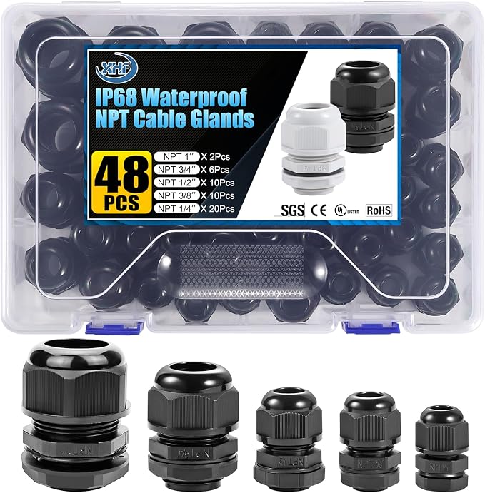 XHF IP68 Nylon Waterproof NPT Cable Glands Assortment 48pcs 1/4", 3/8'', 1/2'', 3/4'', 1'' UL Listed and RoHS Cord Grip Compliant Cable Strain Relief Black