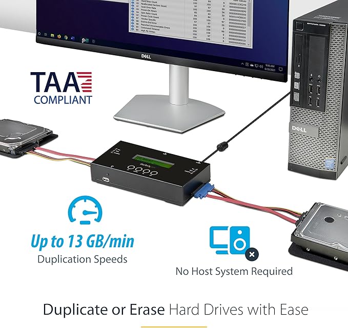 StarTech.com 1:1 Standalone Hard Drive Duplicator and Eraser, SAS/SATA HDD/SSD Cloner/Copier, Hard Drive Duplicator/Sanitizer, Harddisk/Harddrive Wiper, LCD, Toolless, TAA Compliant (SATSASDUPE11)