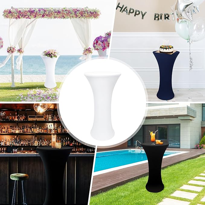 2PCS 24x43 Inch Round Fitted Cocktail Table Cover White Spandex Cocktail Table Cloth Highboy Fitted Tablecloth High Top Table Cloths for Party Pub Banquet Bistro