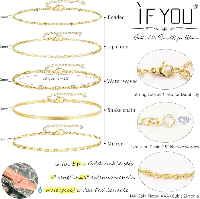 iF YOU Gold Ankle Bracelets for Women, 14k Gold Plated Waterproof Cuban Link Chain Anklets Set, Layered Anklet Bracelets for Women Beach Gift Adjustable Size 5pc