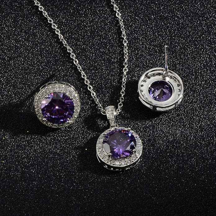 Bridal Crystal Jewelry Set - Sterling Silver Round Cubic Zirconia CZ Rhinestone Halo Birthstone Pendant Necklace Stud Earrings Set for Wedding Bride Bridesmaids Birthday Gift