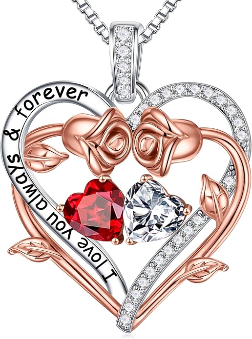 Iefil Valentines Gifts for Her Wife Women - Rose Heart Double Birthstone Necklace Gift for Wife Girlfriend Her Women, Birthstone Jewelry Gemstone Birthday Gifts for Mom Grandma Her