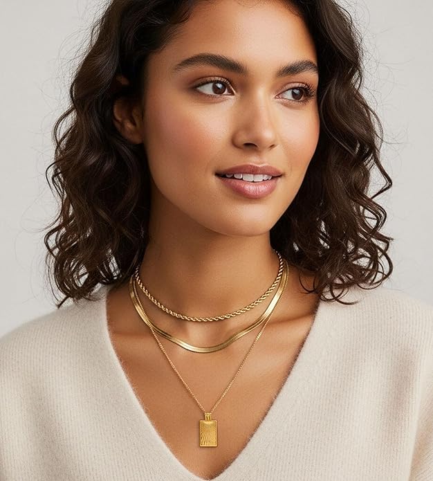 YEEZII Layered Gold Necklaces for Women Trendy, 3 Pcs 14K Gold Plated Choker Paperclip Box Chain Necklace, Stackable Women's Gold Pendant Necklaces Jewelry Set