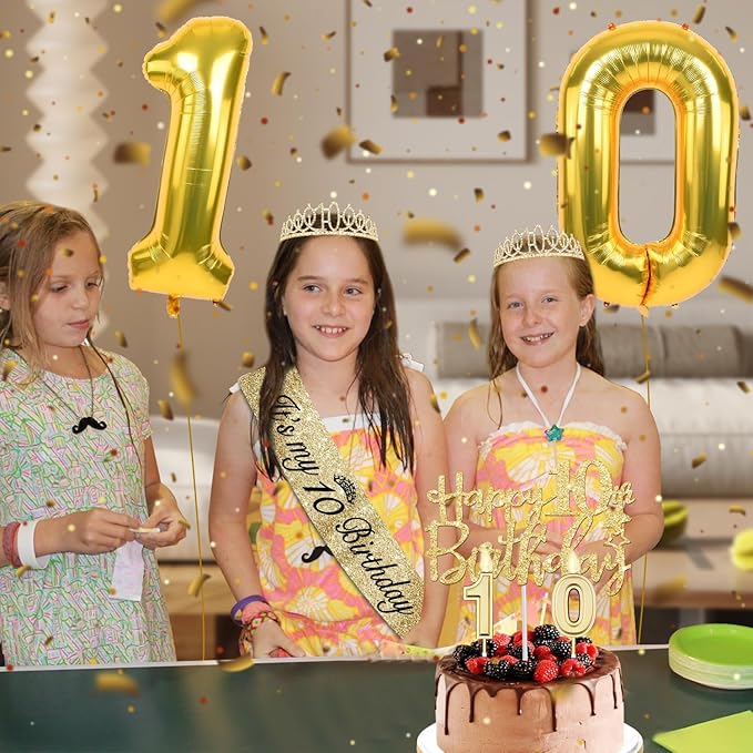 10th Birthday Decorations for Girls Gold with10th Birthday Sash and Tiara, Cake Topper andCandles, Number Balloons, 10 Year Old Gifts for Girls