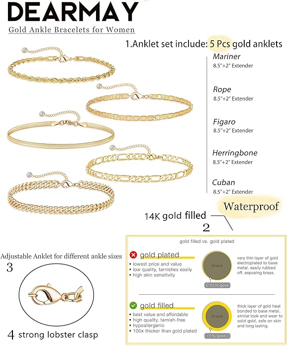 DEARMAY 14K Gold Plated Bracelets for Women, Jewelry Sets Cute Tennis Beaded Bracelets Cuban Link Paperclip Chain Dainty Bracelet Pack Gifts