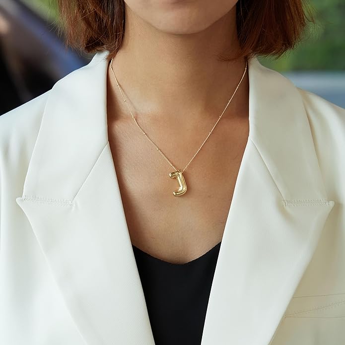 Inerney Valentines Day Gifts Gold Bubble Letter Necklace Initial Necklaces for Women, Chunky 14K Plated Balloon Initials, Trendy Charm Non Tarnish Custom Name Pendant Jewelry Gifts for Mom