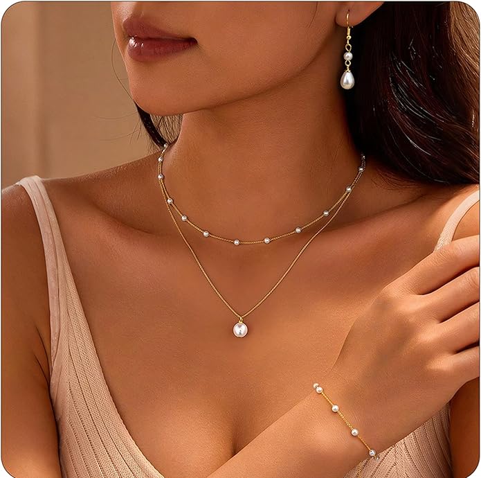 YADOCA Gold Jewelry Set for Women - 16K Gold Plated Pearl Necklace and Earring Set With Drop Earrings,Charm Layered Necklace,Adjustable Bracelets - Dainty Women's Pearl Jewelry Set For Wedding Gifts