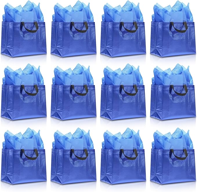 KeerxunBag 12Pcs Reusable Gift Bags（Includes Tissue Paper） Gift bag with handle Birthdays Parties Holidays Weddings Medium 13x5x11in Blue Gift Bags
