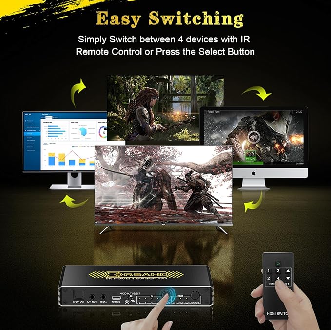4K@120Hz HDMI 2.1 Switch 4 in 1 Out with Audio Extractor,48Gbps,HDCP 2.3,HDR 10+,ARC,VRR,ALLM,CEC,IR Remote,Optical SPDIF 5.1Ch,AUX L/R 3.5mm 2.1Ch,HDMI Switcher 4x1,4 Port HDMI Selector