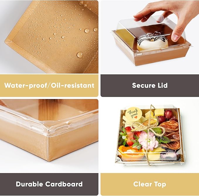 50 Pack Small Charcuterie Boxes with Clear Lids - To Go Paper Mini Charcuterie Box, Disposable Food Containers, 5Inch Dessert Boxes - Sandwich, Cookie, Sushi, Cake Slice, Strawberries (Brown)