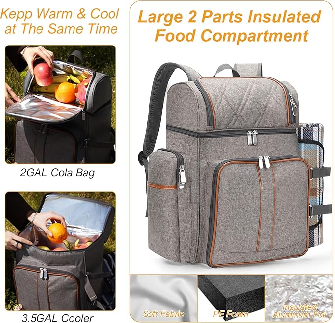 Picnic Backpack for 4, Picnic Basket Set, Leakproof Picnic Bag, Beach Cooler Backpack with Insulated Cooler Wine Pouch,Picnic Blanket, Double Deck Picnic Backpack for Beach,Camping,Park(BrushedKhaki)