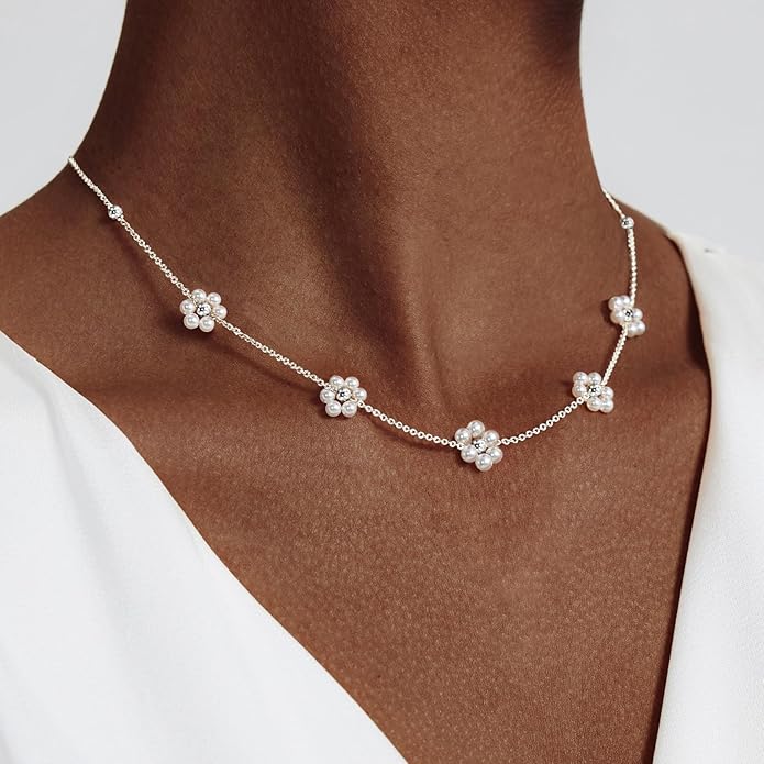 OGD Gold Pearl Necklaces Set for Women 14K Gold Plated Dainty Layered Pearl Cute Daisy Pearl Choker Gold Necklace Gifts for Women Gold Trendy Jewelry Gifts