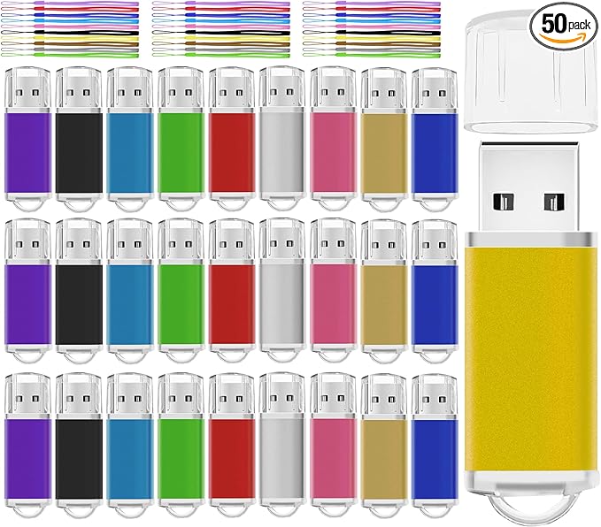 USB Thumb Drive 1GB Flash Drive 50 Pack, Nicepicten Fat Memorias USB 2.0 Flash Drive Bulk 1GB Jump Drives Multiapck Memory Stick with 50PCS Lanyards (Mixcolor 50 Pack, 1 GB)