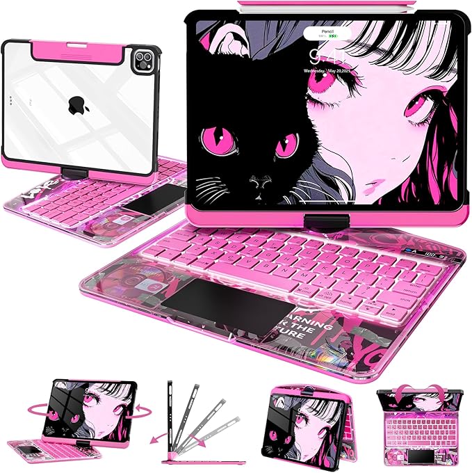 Intermerge iPad Pro 11-inch (M4, 2024) Transparent Keyboard Case, 360° Rotating Multi-Touch Trackpad, 7-Color Backlit Keyboard, Pencil Holder, Type-C Charging, Blush Pulse