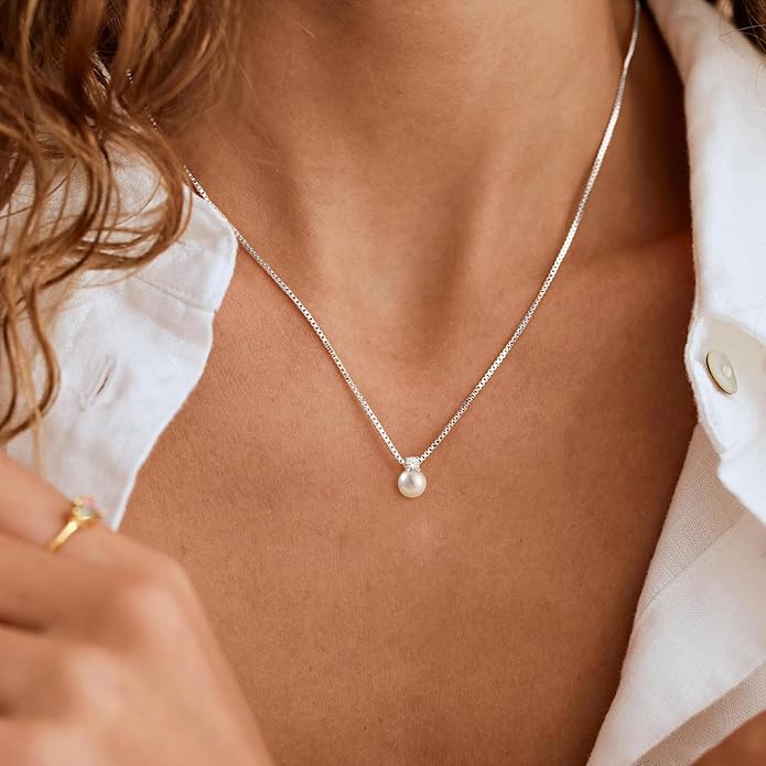 WFYOU Pearl Necklaces for Women Trendy 6MM 8MM 10MM Dainty Round Natural Freshwater Pearl Necklace Silver 14K Gold Plated CZ Pearls Necklaces for Women Birthday Bridesmaid Wedding Gifts Pearl Jewelry