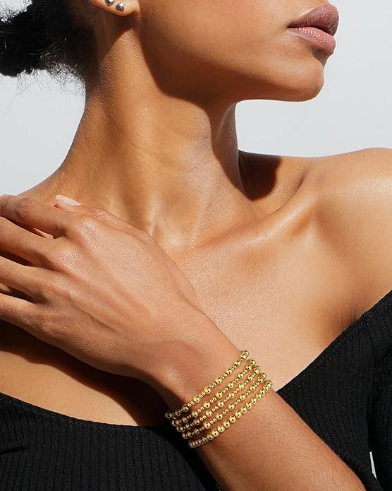 Howoo Gold Bracelets for Women Beaded Initial Bracelet Stack Dainty Heart Stretch Gold Charm Bracelet Jewelry for Women Trendy