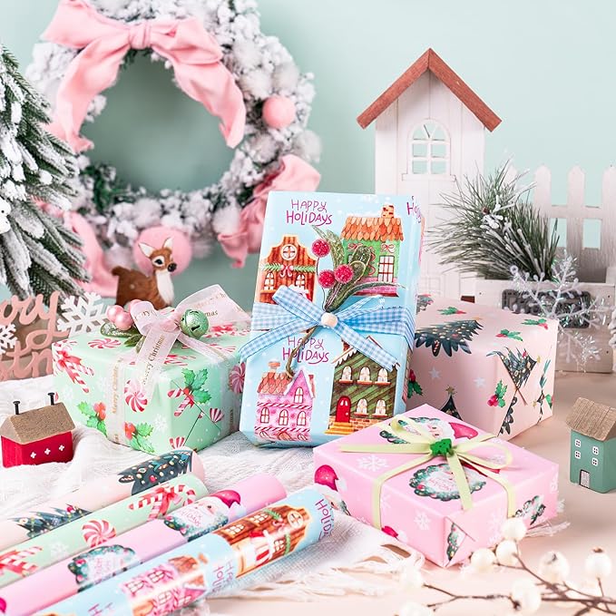 WRAPAHOLIC 30 Inch Christmas Wrapping Paper Roll - Jumbo Roll Pink Gingerbread House, Santa Claus, Christmas Tree and Candy Cane Design - 4 Rolls - 30 Inch x 120 Inch Per Roll