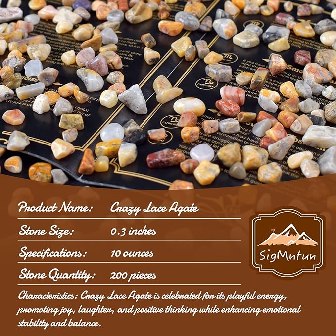 Polished Crazy Lace Agate Crystal Chips 200 Pcs - 0.3" 10 oz Tumbled Stone Chips Crushed Sea Glass Stones Healing Reiki Crystal Making Home Decoration