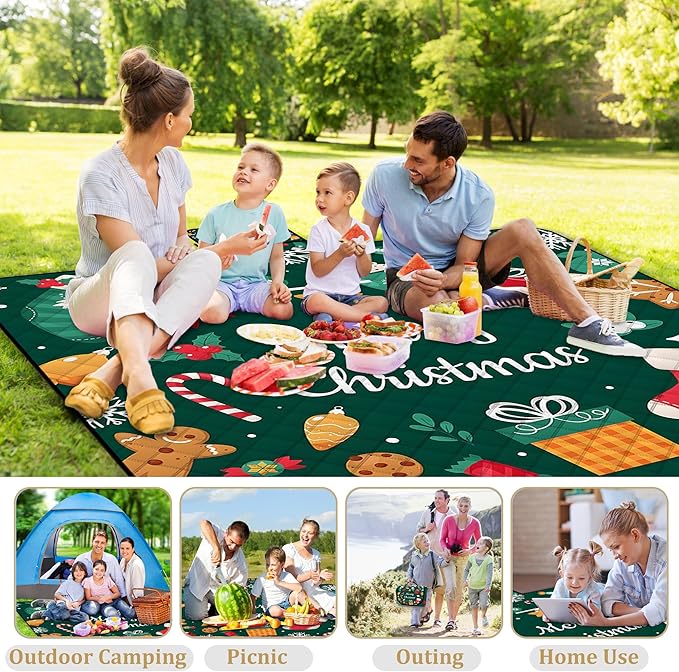 Poedist Extra Large Christmas Picnic Blanket Waterproof,80"x 80"Foldable Machine Washable Beach Blanket,Outdoor Blanket for 6-8 Adults,Suitable for Crawling,Park Beach,Camping,Hiking,Family