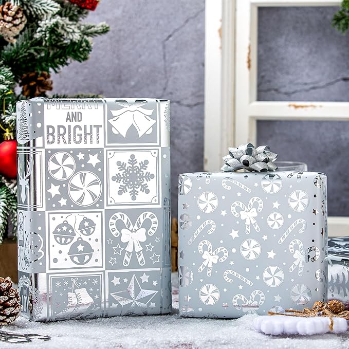 MAYPLUSS Christmas Wrapping Paper Jumbo Rolls with Gridlines - 30IN X 120IN - 4 Roll - Christmas Tree Snowflakes Candy Cane for New Year Holiday Party Kids
