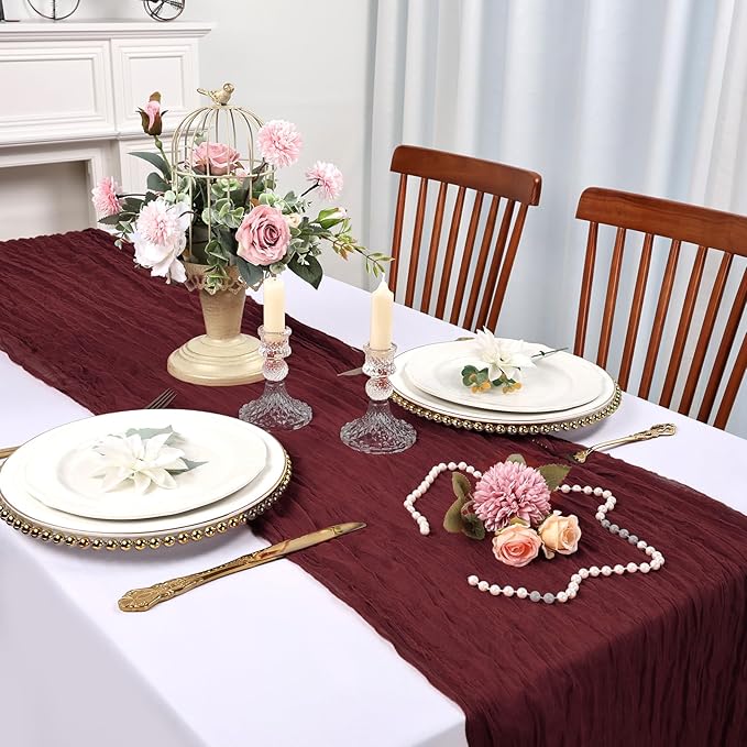 6 Pack Burgundy Cheesecloth Table Runner 10FT Boho Cheese Cloths Gauze Fabric Table Runners 120 Inch Rustic for Christmas Fall Thanksgiving Wedding Birthday Party Baby Shower Home Decorations