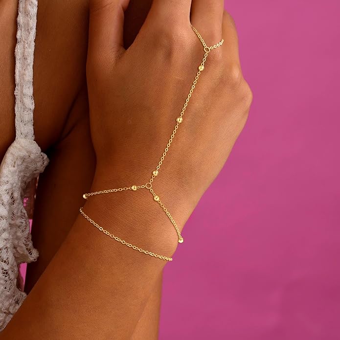 Valentine Gift 14K Gold Plated Hand Chain Bracelet for Women Trendy, 2 Pcs Stackable Gold/Silver Finger Ring Bracelet Hand Chain Dainty Non Tarnish Waterproof Set Jewelry Adjustable 7'+2