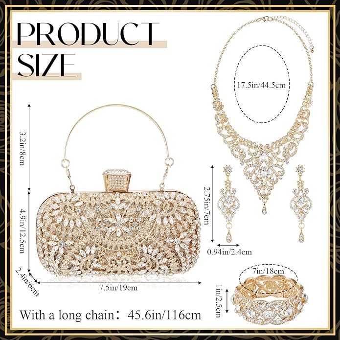 Quelay 4 Pcs Purse Rhinestone Jewelry Set Evening Clutch Bag Bling Crystal Necklace Dangle Earrings Bracelets Accessories
