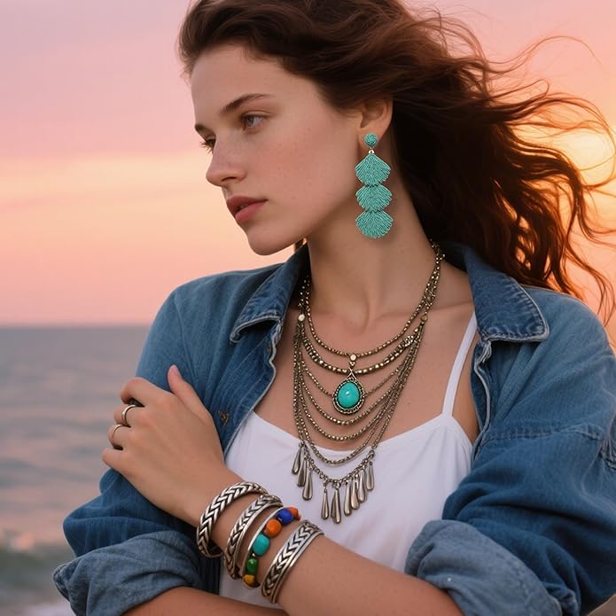 Raffia Dangle Earrings for Women - Boho Statement Rattan Drop Jewelry with Shell Design, Lightweight Summer Beach Trendy Accessories
