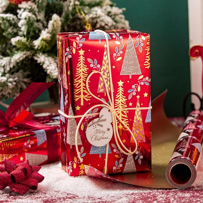 MAYPLUSS Christmas Wrapping Paper Roll - 17IN X 33FT - Christmas Gift Wrapping Paper Featuring Triangle Tree Against Red Reversible Gold for Kids, Holiday, New Year