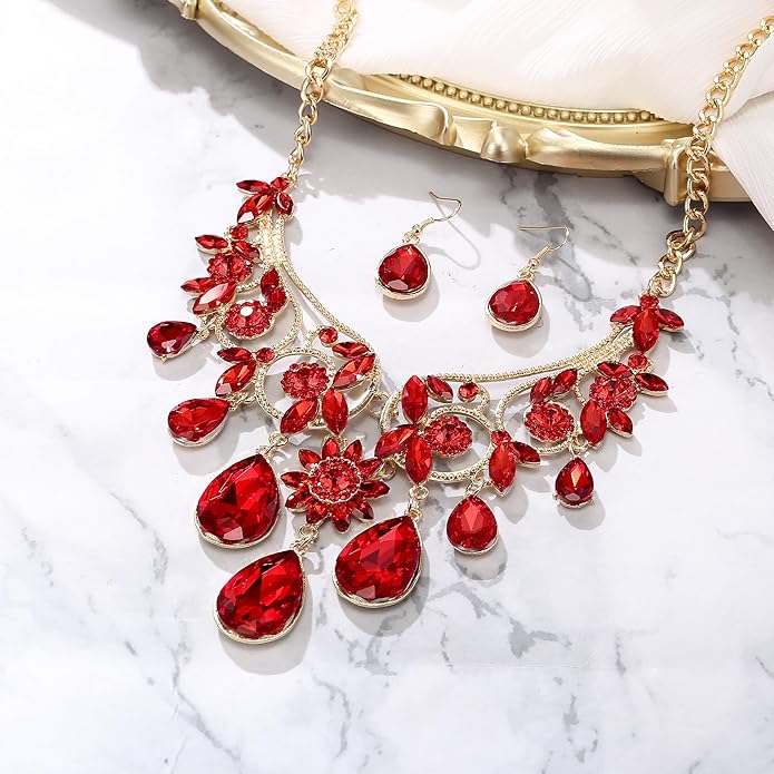 BriLove Women's Tribal Ethnic Crystal Chunky Statement Necklace Dangle Earrings Set