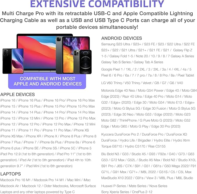 Multi Charge Pro iPhone Car Charger Fast Charging Retractable Car Charger USB C Auto Adapter, Powerful 120W 4-Port USB-C & USB-A and Lightning iPhone, Samsung, Tablets...