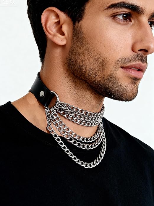 Gothic PU Leather Chain Choker for Women, Adjustable Multi-Layer Alloy Chain Collar, Punk Rock Festival Necklace, Edgy Goth Choker for Rave, Party, Clubwear Accessories (Fits neck 13.2-15.2in)