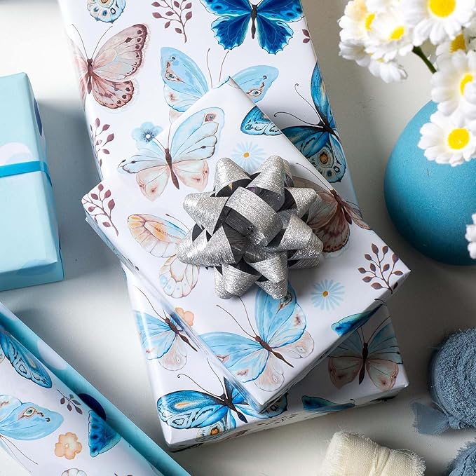MIMUTI Watercolor Butterfly Wrapping Paper - 17 in X 33 ft - Blue Reversible Gift Wrap with Butterfly, Polka Dots, Flowers, Branches and Leaves - Perfect for Wedding, Mother's Day, Baby Shower