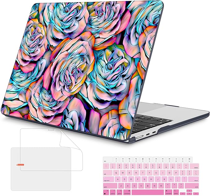 Mektron Compatible with M4 MacBook Air 15 inch Case 2025 A3241 2024 2023 M3 A3114 A2941 M2 Liquid Retina Display Touch ID, Plastic Hard Case & Keyboard Skin & Screen Protector - Roses Succulents