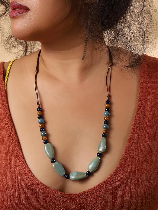 MINACHI Boho Hippie Round Ceramic Beads Strand Necklace, Vintage Bohemian Summer Beach Jewelry Gift for Women