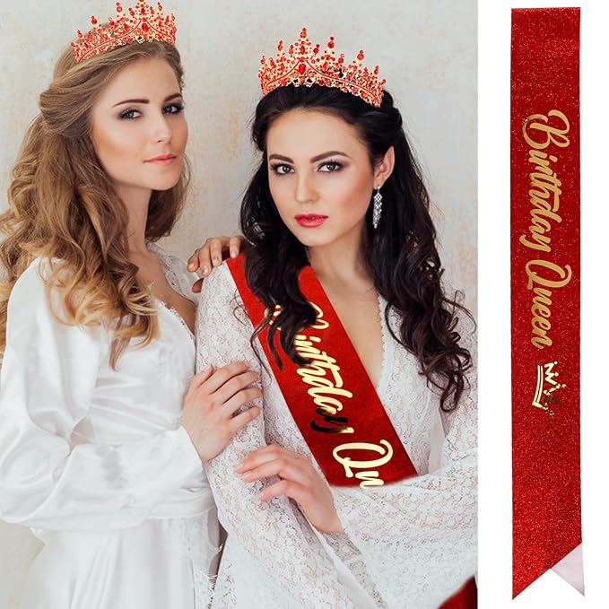 Velscrun Red Crystal Birthday Queen Tiara Crown for Women Girls Birthday Queen Headband Sash Elegant Princess Crown with Combs Hair Accessories Happy Birth Party Decorations Mom Birth Gift