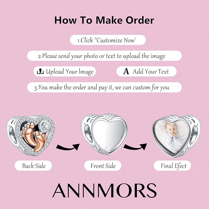 Annmors Personalized Photo Charm for Bracelet Necklaces,925 Sterling Silver Charm Love Heart Shaped Engraved Customize Picture Gift for Birthday Mother's Day Christmas,Bead Charms Jewelry for Women